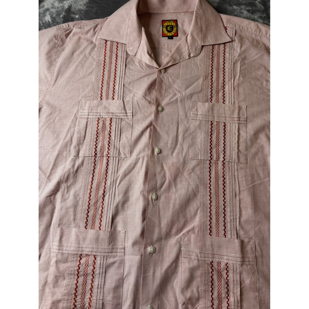 San Cristobal Mens Guayabera Shirt Large Terracotta Check Embroidered Cotton L - Picture 3 of 8